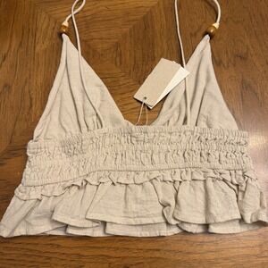 Sim & Sam Linen Halter Crop Top Women L Natural Smocked Boho Beach NWT